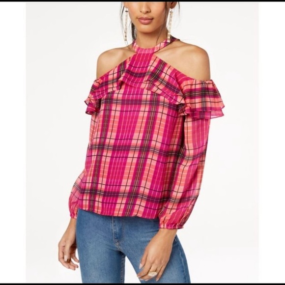 INC Ruffled plaid cold shoulder top. - Picture 4 of 5
